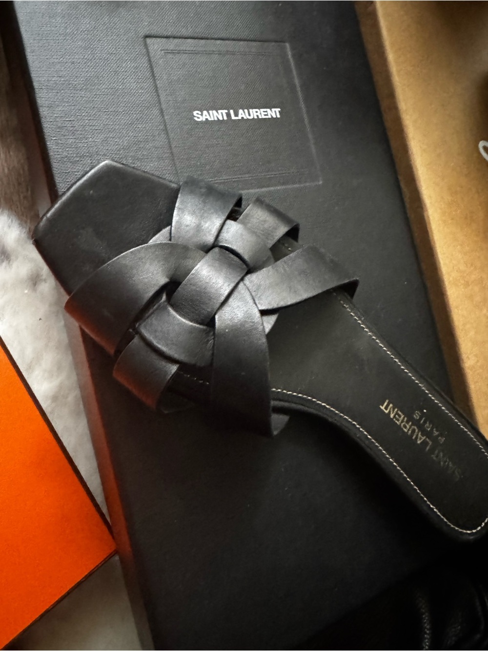 Saint Laurent Black Woven Leather Slide Mule